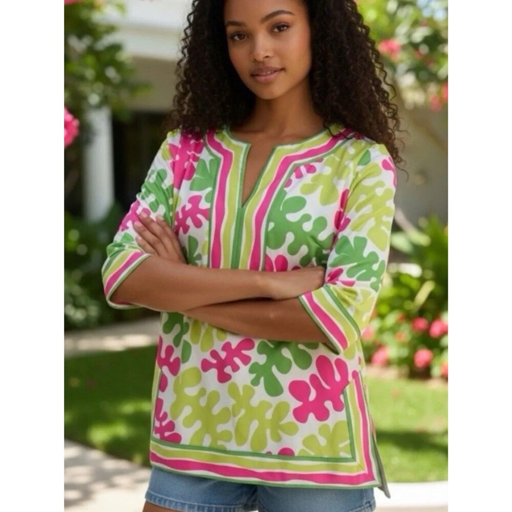 NWT $109 Womens Gretchen Scott Henri Knit Tunic Lime Pink Floral Top Size Small